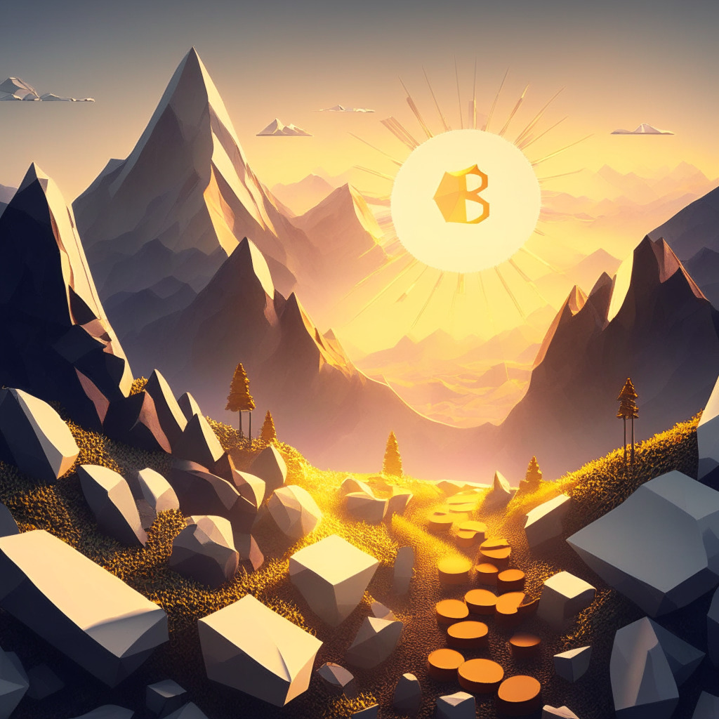 A surreal, 3D scene depicting financial uncertainty and optimism. In the foreground, a challenging mountain path representative of Ethereum's Optimism, marking a recent increase and potential hurdles ahead. In the distance, a bright, hopeful sunrise symbolizing resurgence, casts long, early morning shadows. The artistic style is delicate and intricate, with a distinct use of light and shadow to convey dramatic contrasts, suspense and hope. The overall mood is tense yet hopeful, reflecting the unpredictability and potential of the crypto world.