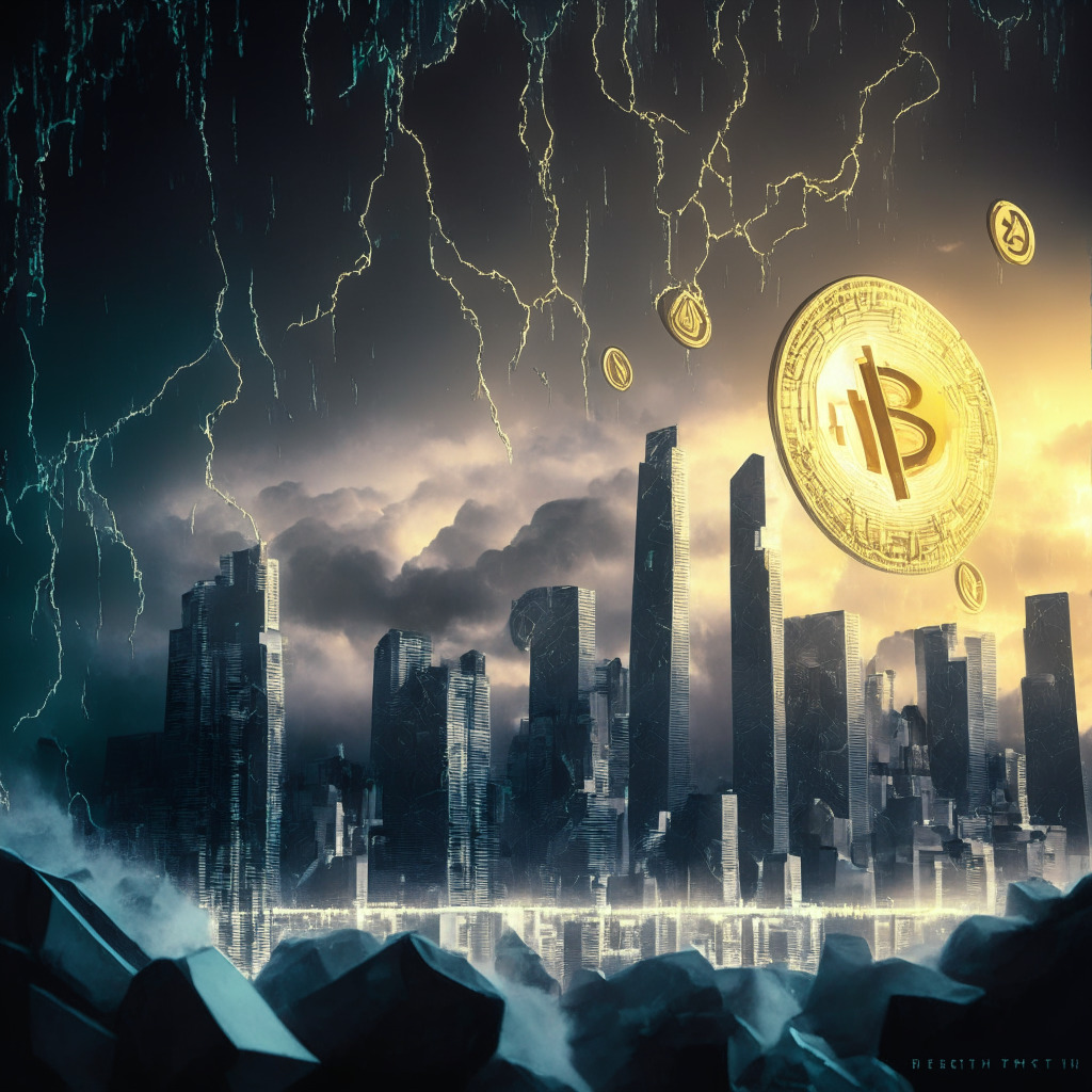 Gloomy financial storm above a futuristic cityscape portraying devalued Ethereum (ETH) coins, descending trend lines, ethereal glow emphasizing short-term decline. Hint of emerging sunrise, promising layers represent upcoming Holesky testnet, Cancun-Deneb upgrade, casting hopeful light on trembling coins. Subtle features suggesting stability, resilience, touch of Sonic for whimsy. Mood: cautiously optimistic, tense yet hopeful.