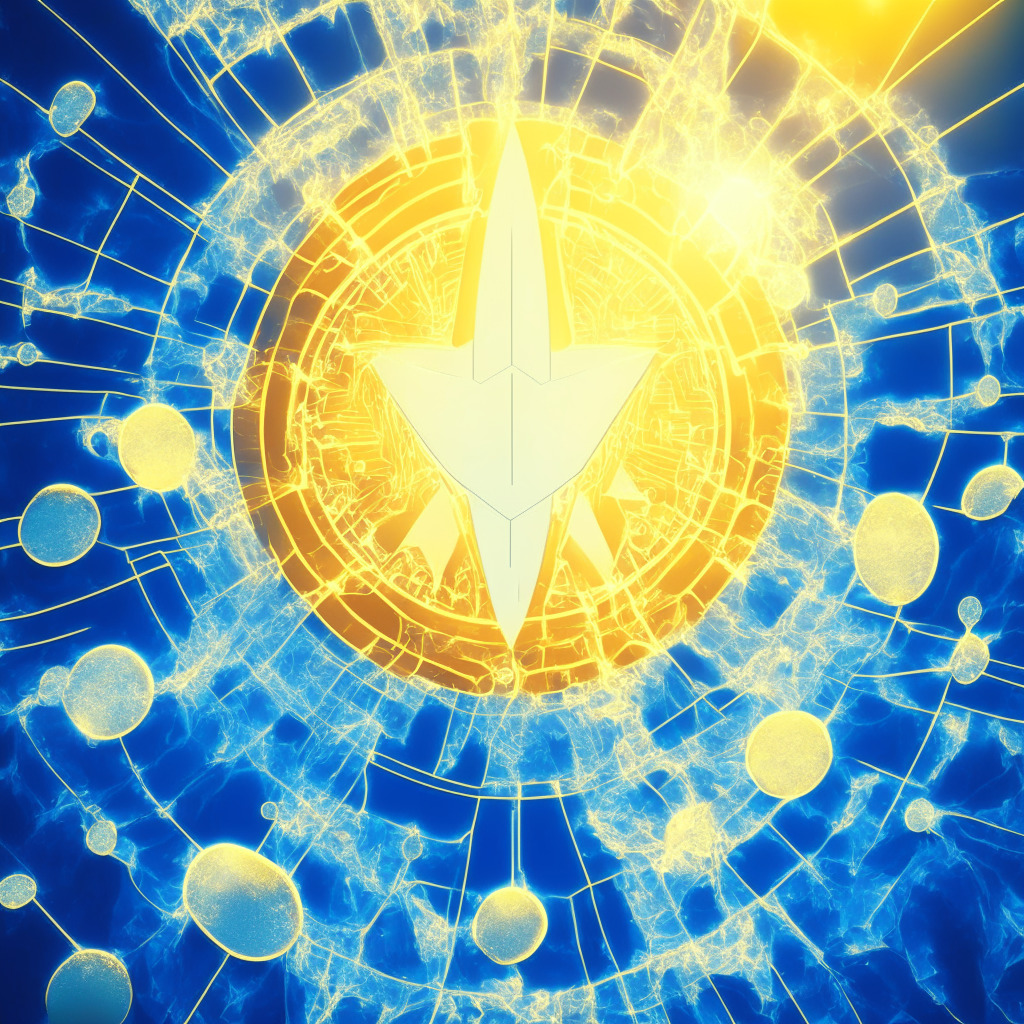 Sundrenched, retro-themed simulation of Ethereum network with ethereal blues and soft golds. Picture layers upon layers, representating layer-2 solutions easing traffic, glowing with vibrant pulses of data transfers. Ethereum symbol as the sun casting long shadows. Echo peace and relief capturing eased congestion, yet maintain an edge of intrigue.