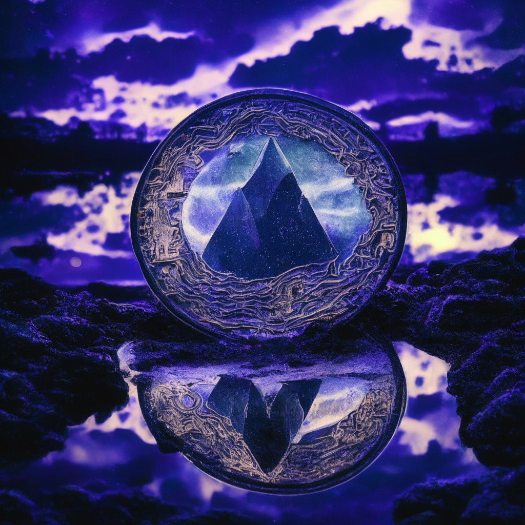 Ethereum coin in deep twilight blues and purples, engraved with an intricate geometric pattern, reflecting the soft light of a waxing moon. A rollercoaster trail in the background encased in a glowing, ethereal bubble, representing the escalating and plummeting value. Further on, a sunrise giving a hint of a bright future. Artistic style: surrealist, Mood: Mysterious, hopeful amidst uncertainty.