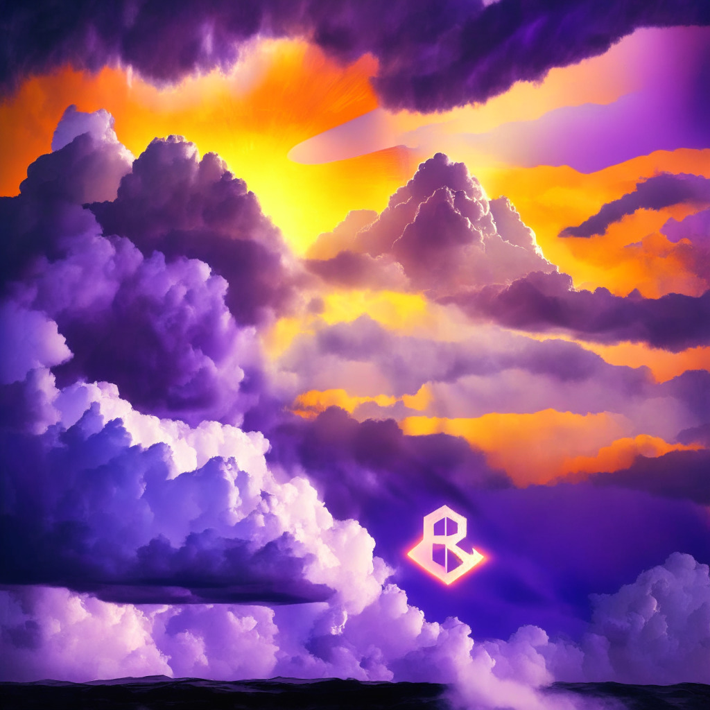 Ethereum token soaring past clouds to signify its recovery, in vibrant sunset hues indicating a hopeful environment, Monet-inspired, A graph in background reflecting positive uptrend, hint of risk suggested by dark storm clouds on horizon, mood evokes a cautious optimism.