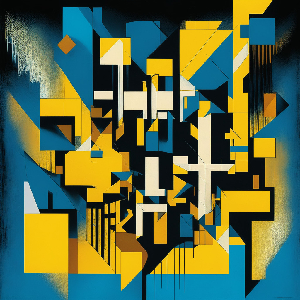An abstract representation of a digital asset market, focus on Ether's peculiar 'death cross' trend. Incorporate a distinct contrast between warm, burgeoning golden hues portraying unexpected rallies, and the encroaching, cool blues of the death cross. Blend Cubist and Surrealist styles, hinting tumult and unpredictability. Overall mood: uncertain yet intriguing.