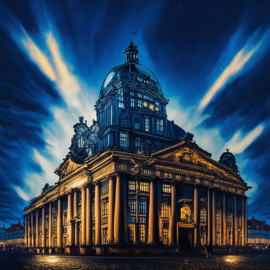 A striking scene of the grand Euronext Amsterdam exchange lit under an evening sky in a surrealist art style, a bitcoin insignia in the forefront, symbolizing Europe's first Bitcoin ETF. The atmosphere is imbued with a sense of anticipation, uncertainty, and groundbreaking triumph, hinting at the fluctuating norms in global crypto regulation.