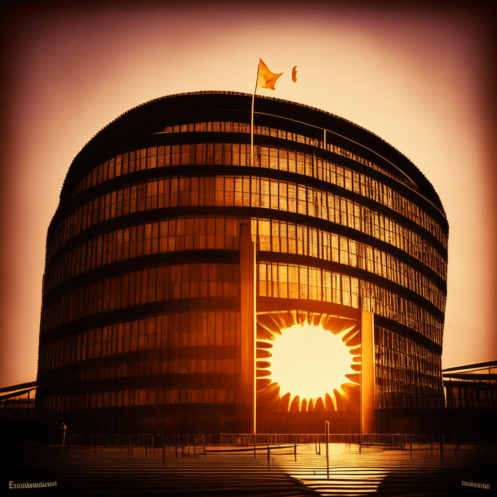 Stylized image of European Parliament building under a setting sun that signifies the epoch of transition, earthy tones of brown and grey symbolizing traditional banking system, architectural embellishments reflecting the complex legislation, vibrant digital currencies, like Bitcoin, buoyantly floating around, created in an Impressionistic style portraying ambiguity around the move, subtly contrasted with an uphill path representing the struggles of retail investors. The overall mood is a blend of anticipation and uncertainty.