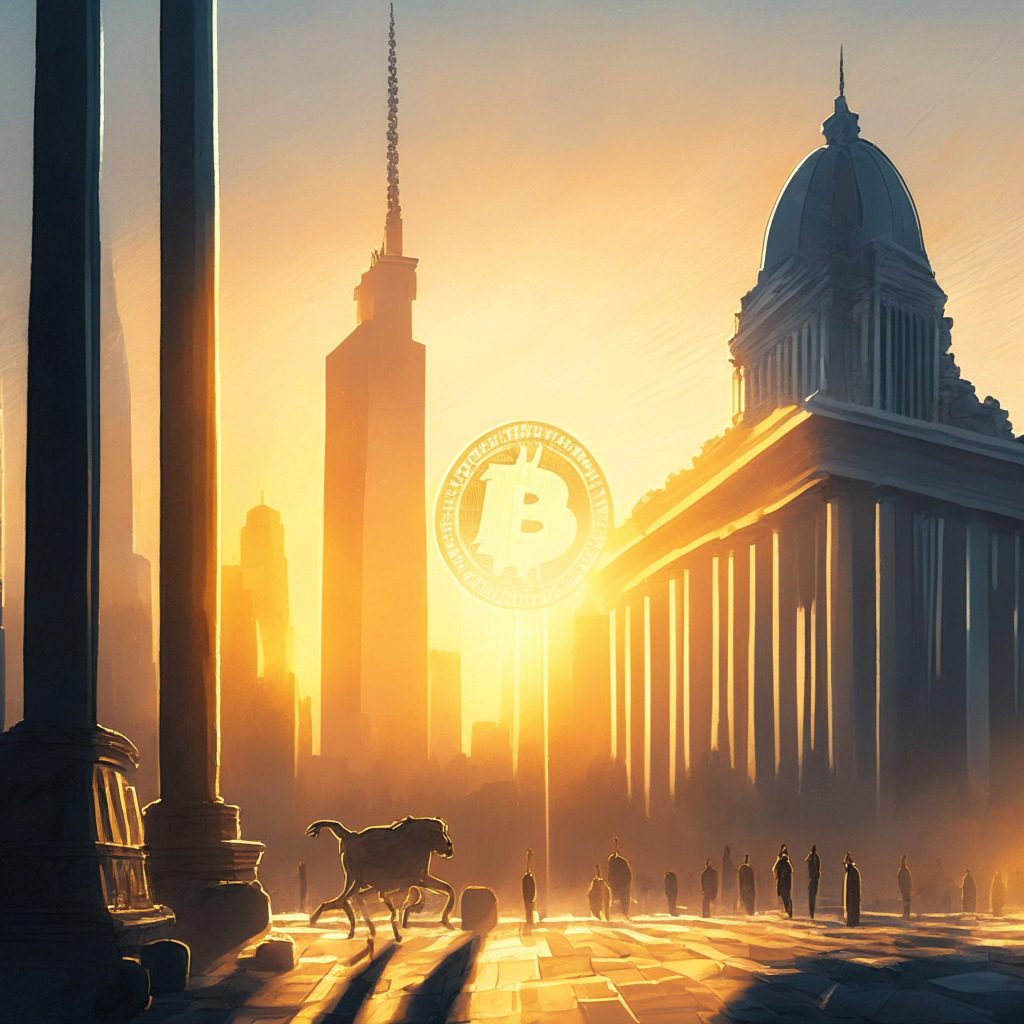 Scenic depiction of a dynamic financial scene set in a contemporary European cityscape at dawn. In the foreground, a symbolic representation of a Bitcoin ETF launching into the rising sun. In the background, traditional financial buildings in the twilight, hinting at a transformation. Artistic style should balance realism and impressionism. Emphasize warm morning light casting shadows, symbolizing fresh and promising start yet uncertainty. Mood should be hopeful and transformative, illustrating the evolving realm of global finance and digital assets.