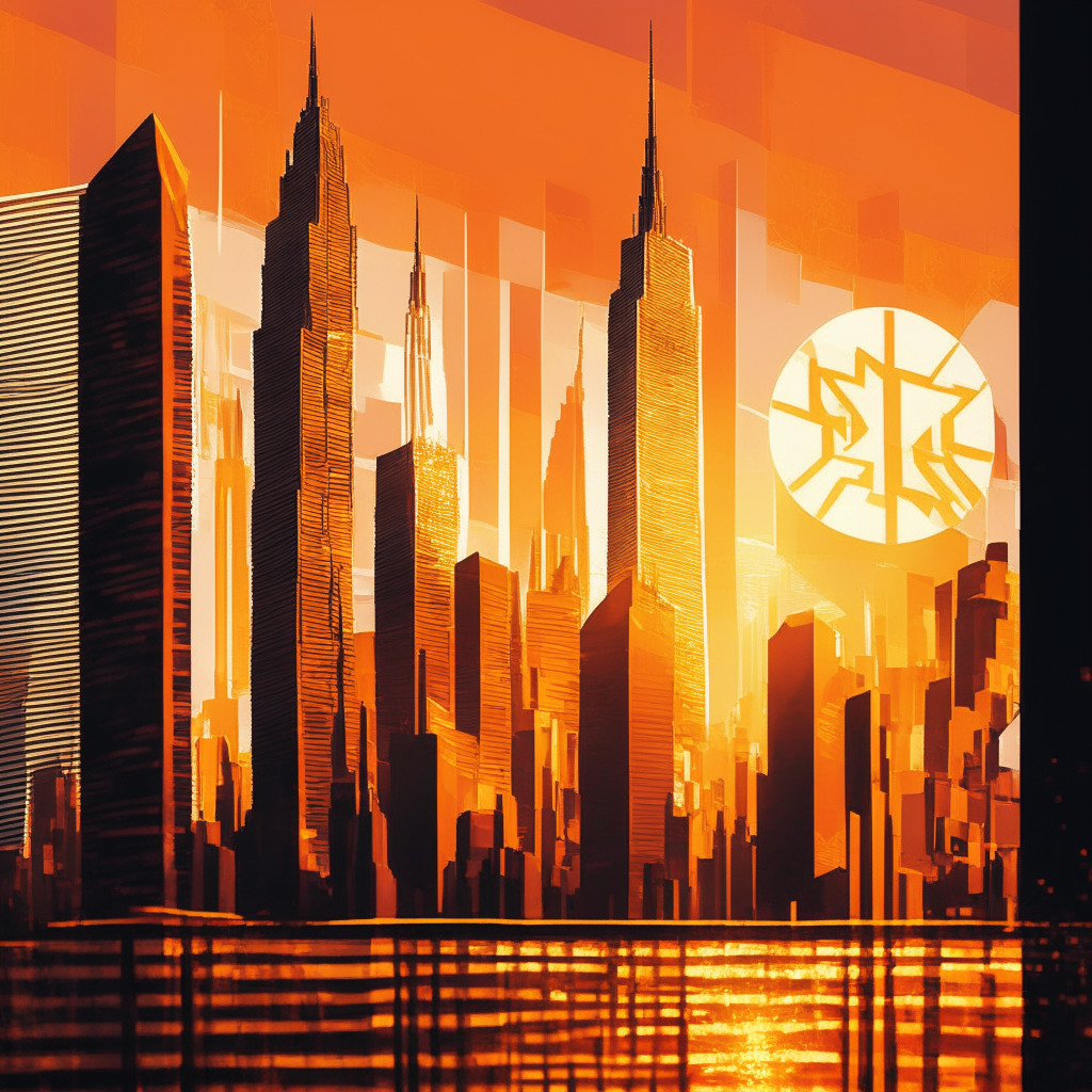 A debonair London cityscape during sunrise, infused with the cubism art style, shimmering skyscrapers bathed in warm orange hues. In the foreground, a bitcoin emblem transforming into an ETF ticker tape, casting long shadows. The mood reflects an exciting uncertainty, a palpable anticipation, and a subtle undercurrent of financial chaos. The skyline is interspersed with abstract cryptocurrency symbols, clustered in pockets of subdued light and shadow.