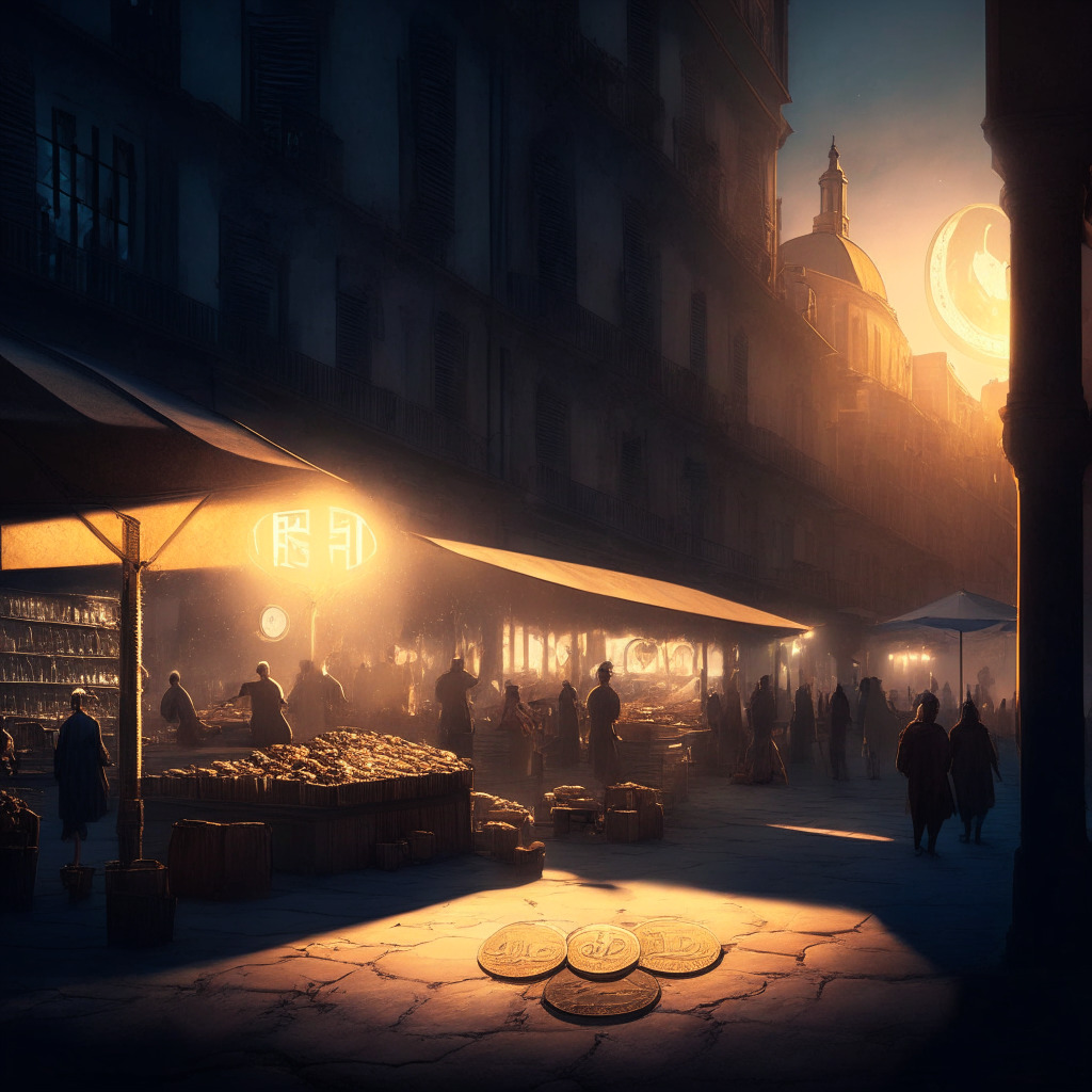 A dusk-lit scene of a traditional European street market disappearing into shadows, contrasted by a luminous digital coin symbol, representing the junction of old finance and cryptocurrency. The atmosphere is tense, hinting at uncertainty and disruption, yet it's imbued with an undying hope for a breakthrough into a promising, yet uncharted future.
