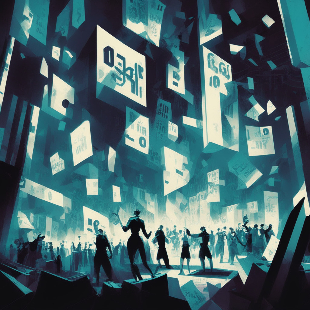 A chaotic stock exchange filled with symbols and numbers, spotlight on one frozen account. Blend of Futurism and Cubist style, bright lights dramatically emphasizing areas of tension. Mood palpable with an undertone of suspicion and confusion. A scene of contested innocence, desperate appeal and stirred community concern, under a looming shadow of regulation.