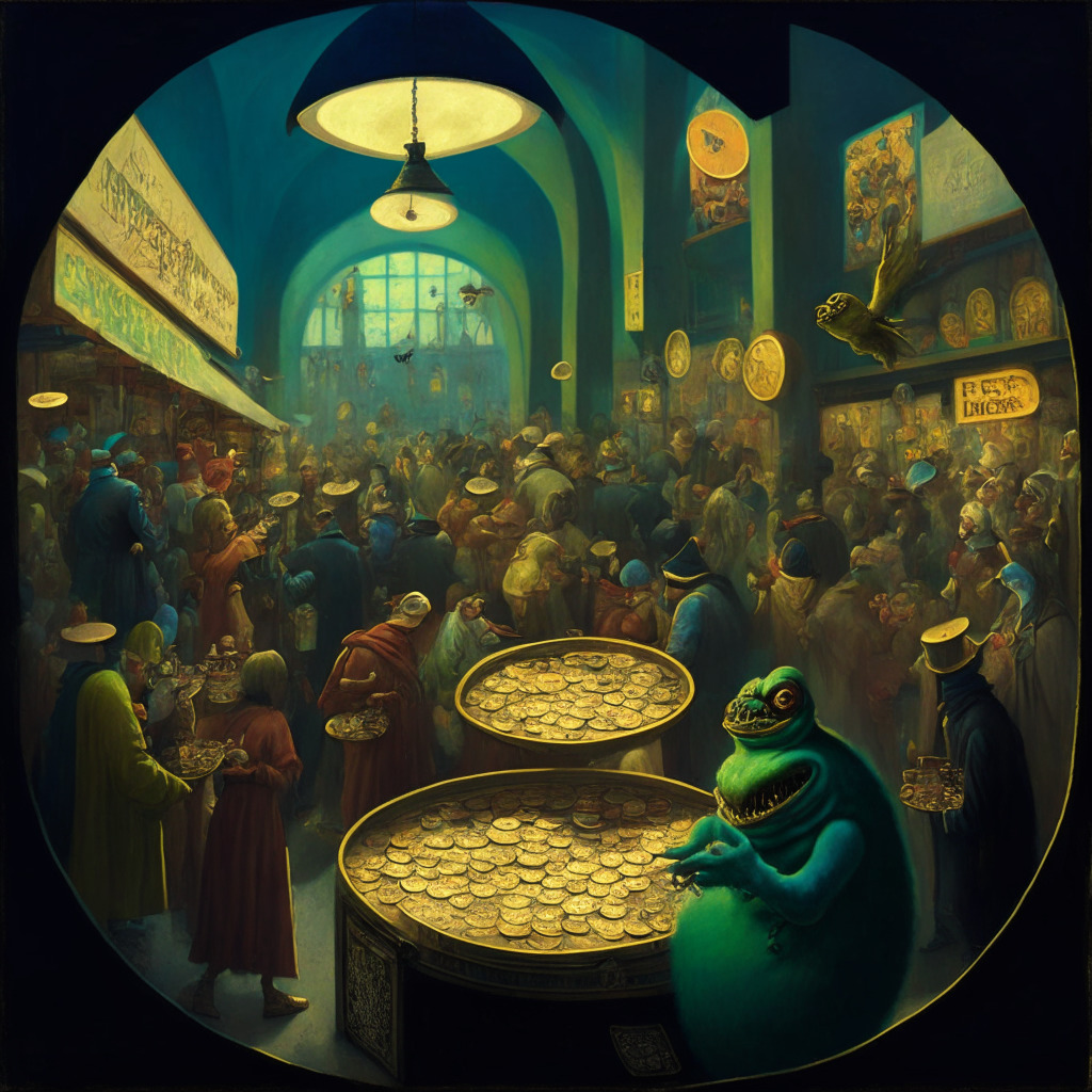 A vibrant, surrealist marketplace teeming with traders eagerly examining unique coins, feverish anticipation hanging in the air. In the center, a prominent coin with a sinister grin, basking in a harsh, ominous light representing the debut of Evil Pepe Coin. Aesthetic influences from a Bosch painting heighten the sense of drama and anticipation.