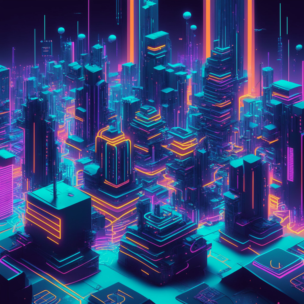 A vast futuristic metropolis lit by neon lights, representing the Web3 community. Intricate blockchain structures emphasizing smart tokens and Ethereum symbols. Characters engaged in exchange symbolizing dynamic, interactive experiences offered by smart tokens. A computer, representing the sharp transition from NFTs to full-fledged applications. A soothing cool color palette depicting the innovative solutions to long-term utility issues of NFTs. Simultaneously, layers hint towards the infrastructure behind smart tokens. Mood: Optimistic innovation.
