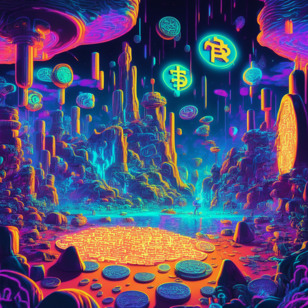 A surreal, cyber-art style landscape representing the emerging universe of crypto meme coins. The scene is bathed in a pulsating neon light, projecting a mood of excitement and anticipation. In the foreground, a playful element inspired by the humor in meme coins. In the background, a gaming ecosystem and a vague figure symbolizing 'influence'. Add an abstract representation of metaverses and NFTs, indicating future developments.
