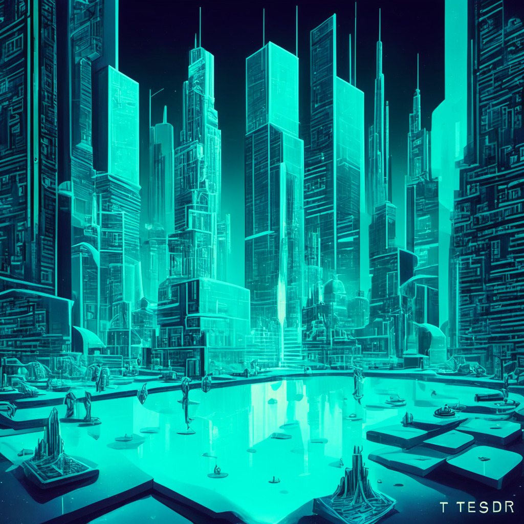 Depict a futuristic financial cityscape with clear Ethereum-inspired elements fused into the details. Picture a central skyscraper, labeled 'Trader Joe', proudly standing tall amidst smaller others. Display a pool of glowing turquoise energy in the foreground, representing a stablecoin pool, with pathways extending from it to the surrounding buildings, symbolic of Liquidity Channels. Include multiple active brokers, dynamic and busy, moving in flux across these channels. The style should emulate cyberpunk aesthetics with a mixture of rugged realism. Capture a twilight lighting scenario, showing both the light and shadow - signifying the company's steady progress along with it's upcoming challenges. Ensure the overall mood feels industrious, yet suspenseful, hinting at an unpredictable financial future.