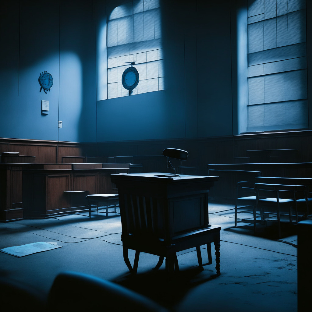 A courtroom with contrasting lighting, focusing on an empty defense chair and a laptop with a dying battery. The setting is tinted with hues of grey and blue, reflecting the cold, stringent ambience of a detention facility. The audience is waiting in anticipation, the tension palpable, while a clock on the wall emphasizes the passage of time, signifying urgency.