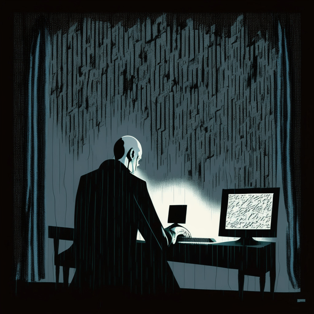 Dramatic scene of a mysterious individual shrouded in darkness, rhythmically typing code on a vintage computer during a stormy night. The lightning illuminates an ambiguous poster showing a bald figure, cultivating an air of suspense and intrigue. The room is nostalgically decorated in a cubist style, emphasizing the chaos and contention in the air.