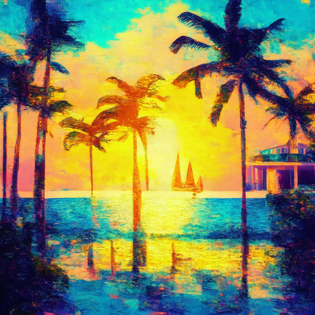 Sunset on a tropical paradise, Cayman Islands, rendered in impressionist art, hinting at physical and digital overlaid worlds. The real estate, luxurious and inviting, signifies bold investments. Bitcoin symbols subtly integrated into the scene, suggesting intangible financial elements. Colours evoking a mix of promising gains, but coupled with risk and caution.