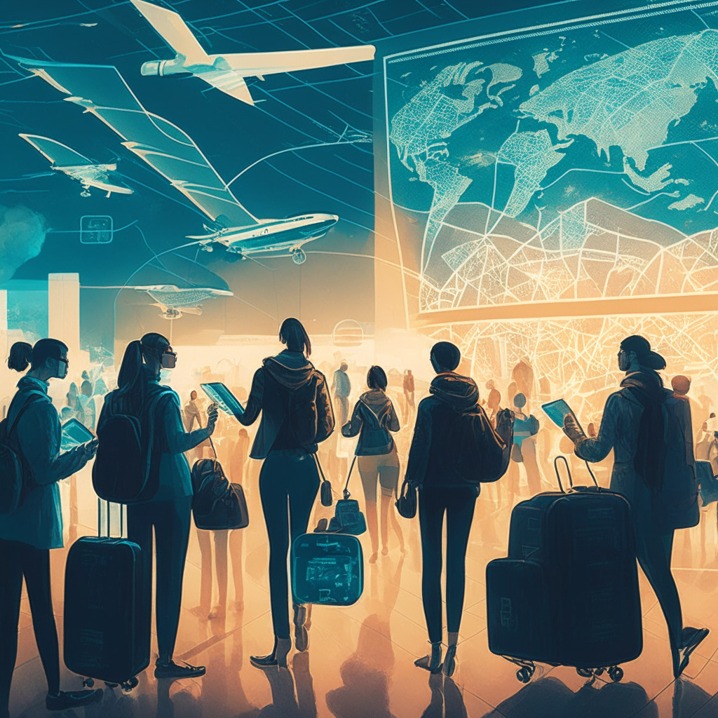 An artistic impression of global travelers harnessing the power of cryptocurrency to purchase eSIMs, capturing the exhilarating atmosphere of innovation and freedom; a seamless blend of modern technology, faded maps, warmly lit airport scenes, digital currencies, bright yet eerie glow of blockchain nodes. The mood depicts optimistic uncertainty, hinting at both opportunities and challenges ahead.