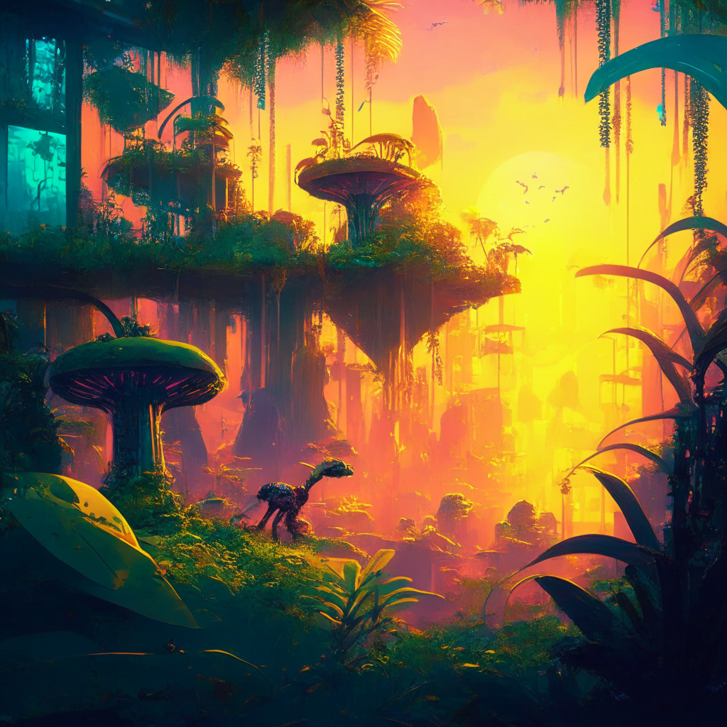 Futuristic digital jungle under a setting sun, ethereal blockchain chains intertwined with vibrant flora & fauna, animals subtly hinting at Chimpzee. The mood is hopeful, gentle implication of crypto coins scattered, peaceful ambiance stylized in an impressionist fashion.