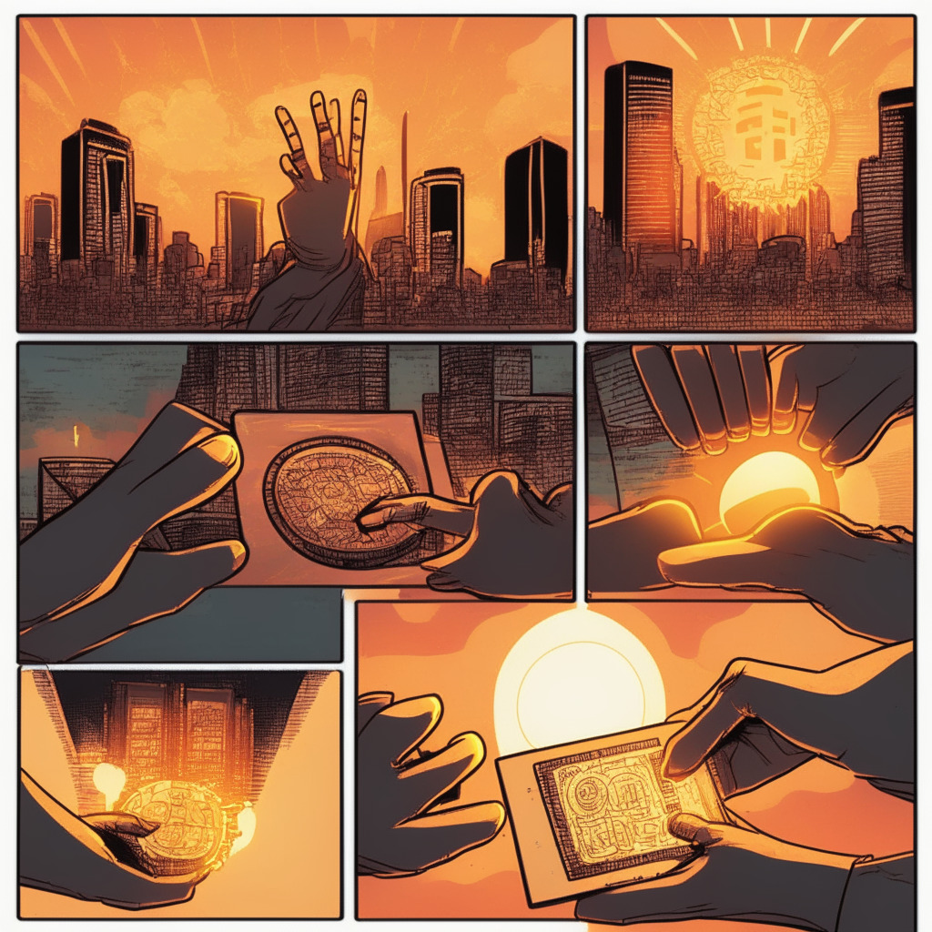 Sunset glow over Beijing skyline, in storyboard style. First panel: Hands exchanging digital coins marked as digital yuan, Illustrative representation of e-commerce transition. Second panel: Illustration of a modern Chinese bank exterior, LED screen displaying digital yuan. Third panel: Image of gears turning, symbolic of change, transition and potential challenges. Celebratory, futuristic mood with an undertone of cautious optimism.