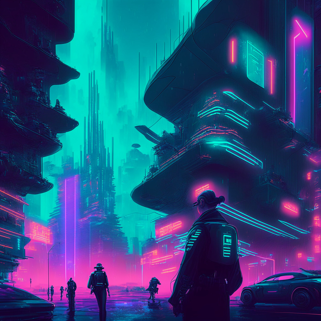 An advanced, neon-lit, digital metropolis encapsulated in the Metaverse, with a cool color palette and a cyberpunk architectural style. A city under surveillance, with holographic IDs floating above citizens, subtly illustrating lack of privacy. Policemen inspecting holographic data, symbolic of law enforcement using information for maintaining order, imbued with a mood of mild dystopia.