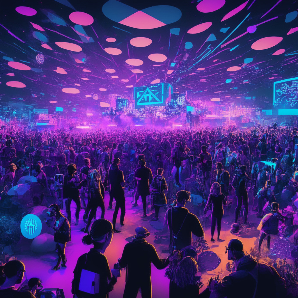 A lively digital festival scene immersed in a vivid Web3-inspired backdrop, myriad of attendees represented as crypto coins, autonomous systems, and virtual entities network together. The scene exhibits an artful blend of gaming, music, and culture elements with a few designing NFTs on a burgeoning Layer 2 blockchain depicted—all imbued with a mystic twilight glow suggesting a fun yet thought-provoking atmosphere.
