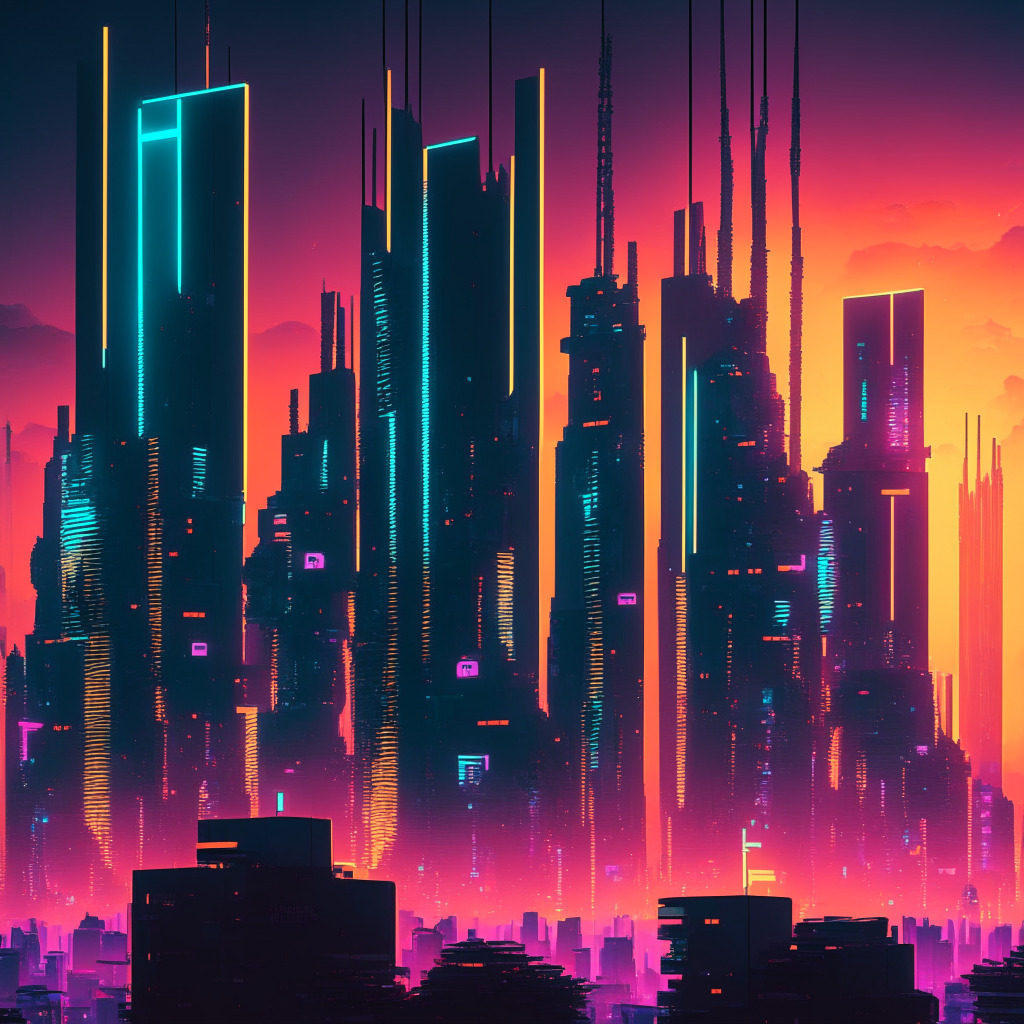 Futuristic cityscape at sunset, glowing with neon lights, blockchain nodes symbolizing blockchain technology are intertwined with buildings. Imposing skyscrapers resemble Bitcoin and Ethereum symbols, illustrating the concept of crypto-backed mortgages. A sense of caution is evoked by the contrasting shadows, reflecting potential complexities and risks. Artistically, the scene is surreal and evocative of the Cyberpunk genre.