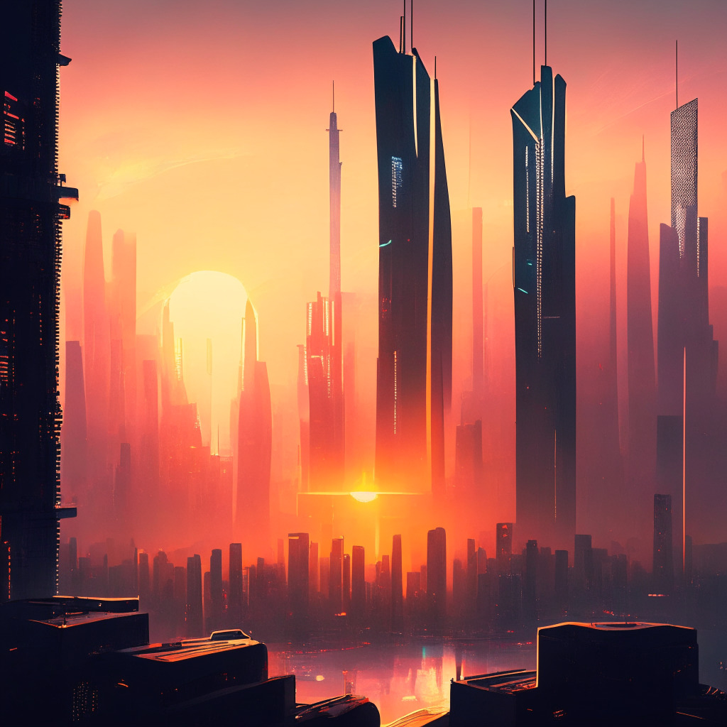 Sunrise over an abstract, futuristic Hong Kong cityscape, iconic buildings meshed with digital elements. In the foreground, a symbolic representation of digital assets being exchanged and regulated. The scene emits an air of cautious optimism, with soft warm light gradually illuminating the city, contrasting with the cool hues of the financial epicenter. The artistic style is a blend of realism and cyberpunk, depicting progressive intertwining of tradition and digital innovation.