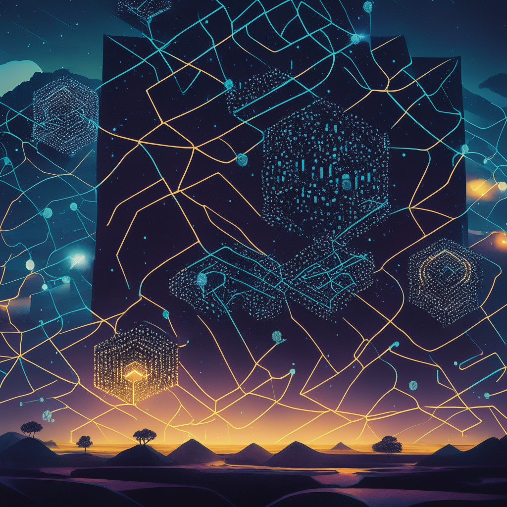 A gleaming blockchain layer, stylized as a digital DAO universe, under a twilight sky. A stream of codes, encapsulating growth and expansion, weaves through the foundations of the decentralized world. Luminous Etherum-inspired shapes hint at unspoken alliances. In contrast, ominous shadows cast around suggest an element of risk. The scene embodies ambition, anticipation, and cautious optimism in a web3 gaming revolution.