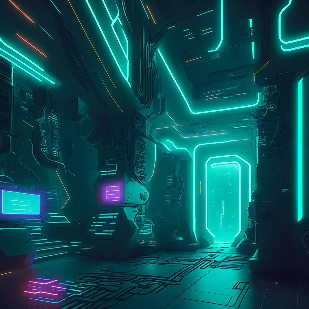 A sci-fi inspired metaverse scene, integrating both physical and digital realms, hinting at complex cyberspace synergy yet with a sleek, easy interface. Light is futuristic neon glow, highlighting interconnected spaces. Mood is anticipation mixed with a touch of skepticism. Artistic style is a merging of crypto aesthetic with a dystopian hint. A subtle nod to carbon neutrality is present.