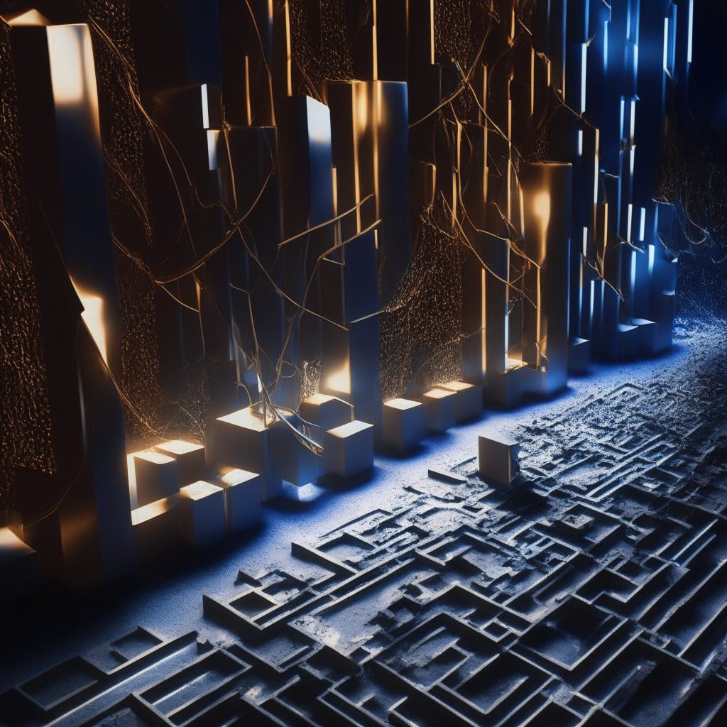 An abstract representation of the Litecoin network's periodic mining-reward halvings, inspired by the timeline given in the article. Rendered in cool metallic hues, spotlights cast hard, dramatic shadows and illuminate a chain of three dimensional, geometric sequence representing LTC. The light source casts shadows to show passing-time, giving distinct sections of bright light and dark shadows recreating the timeline of the halving events. Express the ebb and flow of value associated with the halvings, a minimalist rollercoaster-like plot line weaves through the sequence. The mood is a paradoxical fusion of dynamic but passive, consistent with Litecoin's historical response to these events.