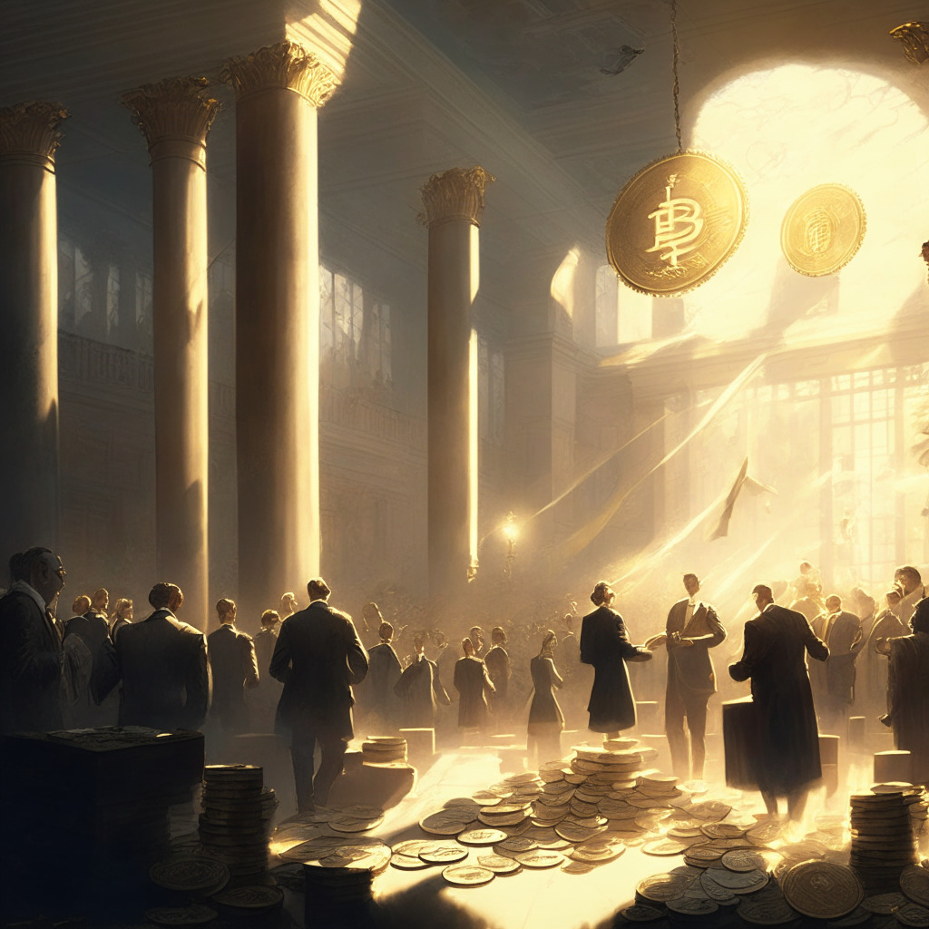 A picturesque scene of an old-fashioned stock exchange, wealthy individuals negotiating, gold and silver coins representative of Bitcoin and Ether floating in the air. The scene is illuminated with early-morning sunlight, casting a hopeful yet suspenseful mood. In the background, a looming shadow symbolic of an uncertain future. Artistic style: Realism.