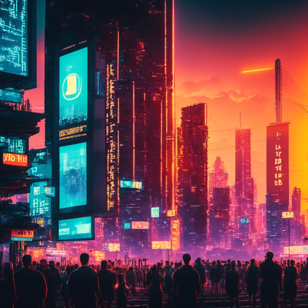 A bustling cityscape of Vietnam at dusk, under the dramatic, electrifying hues of a fading sun. A large, futuristic digital billboard displaying crypto symbols casts a neon glow onto the streets. Mingling are individuals, each bearing a distinct emblem of crypto coins. And towering above all are larger than life structures, symbolic of traditional financial institutions co-existing with modern DeFi skyscrapers, yet all of them casting long, contrasting shadows. The image encapsulates the vibrant but volatile spirit of the crypto market, with subtle hints of regulation insight.