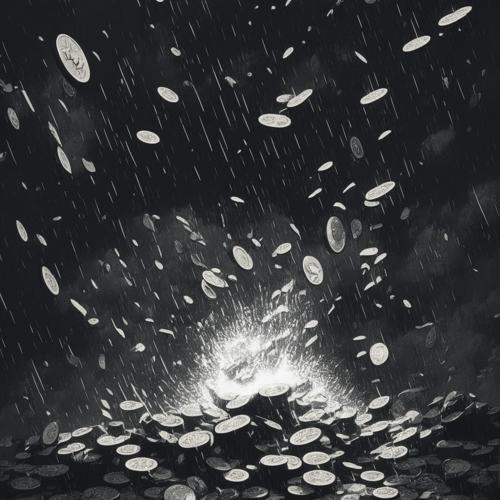 A chaotic abstract scene in noir-style, representing a mysterious crypto coin, 'BALD', soaring sky-high before making a dramatic fall. Shower of coins illuminated by a sudden flash of light, then fall into ebony abyss. Mix of frenzied, excitable trading activity, and the cold unforgiving world of DeFi trading. Conveys tension, volatility & high-risk.