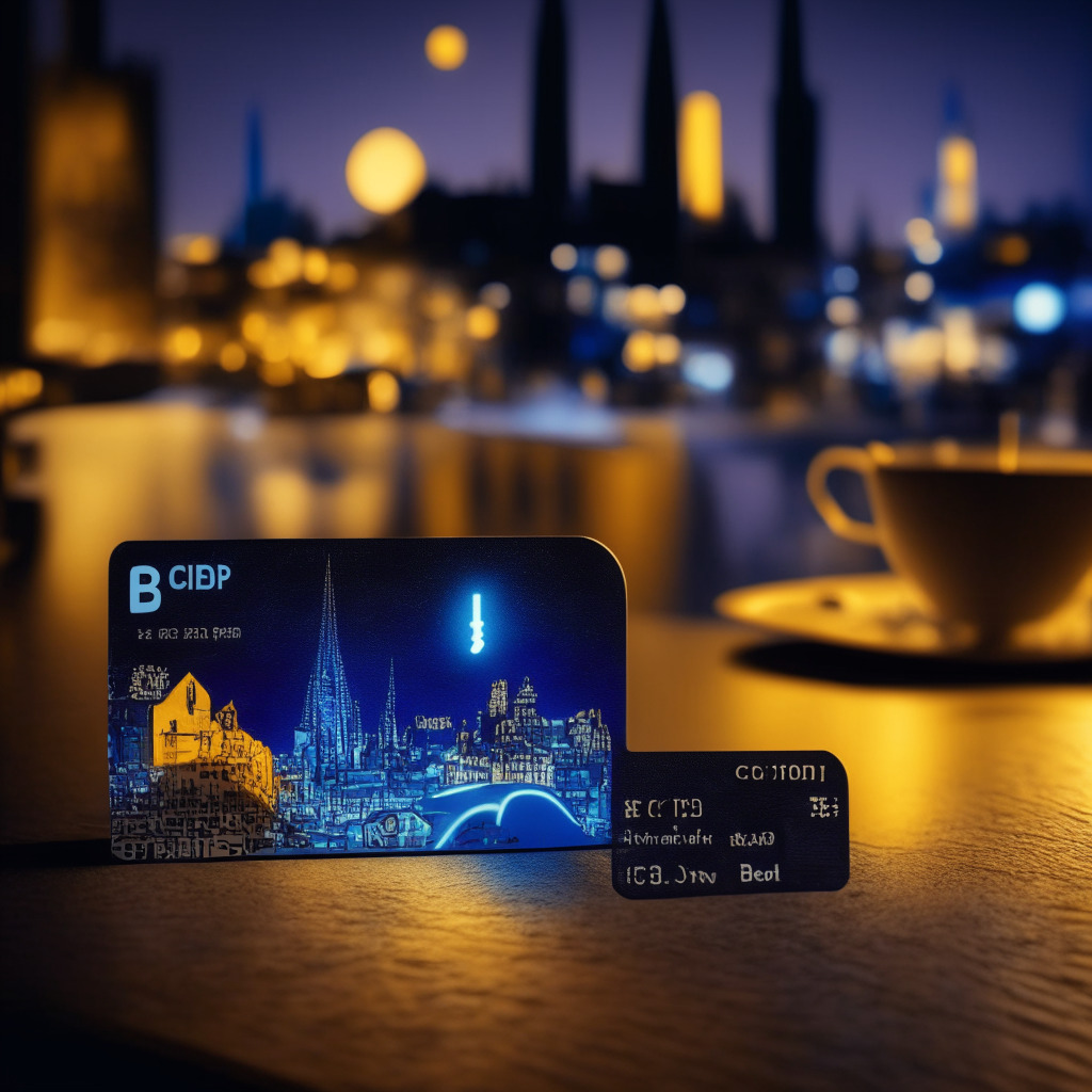 A dimly lit scene of a modern, minimalist-designed debit card, emblazoned with crypto symbols, resting on a vibrant table. The background subtly implies European cityscape, reinforcing the EEA context. Artistic style should lean towards realism with a dash of surrealism to highlight the crypto aspect. The mood should be mysterious and intriguing, mirroring the allure and risk associated with crypto investments.