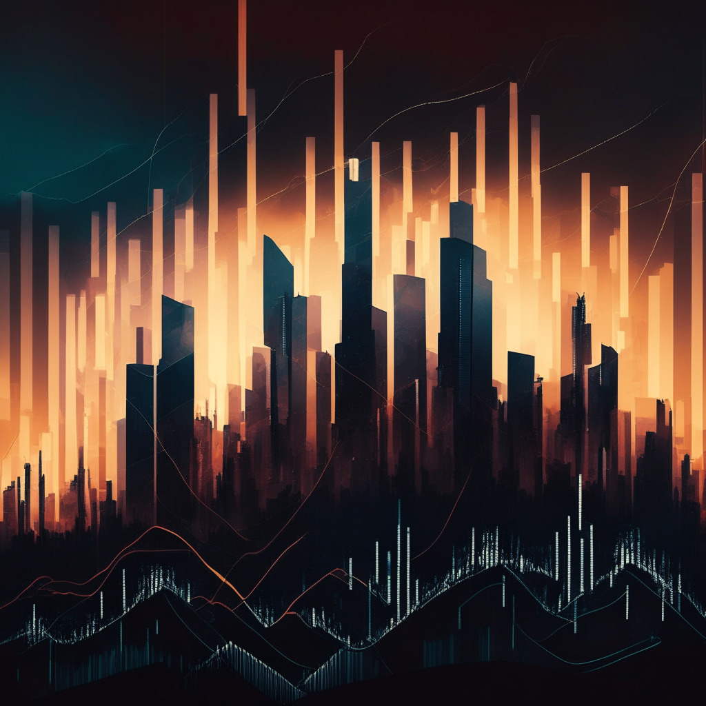 A conceptual visualization of a vast financial landscape lit in dramatic twilight hues, featuring towering structures that symbolize charts from crypto market and U.S manufacturing index. Each structure peaks and dips in a rhythmic dance that symbolizes cyclical market phases. In foreground, a figure navigates the terrain, embodying caution & vigilance. Artistic style blends surrealism with digital realism, a moody and introspective atmosphere prevailing.
