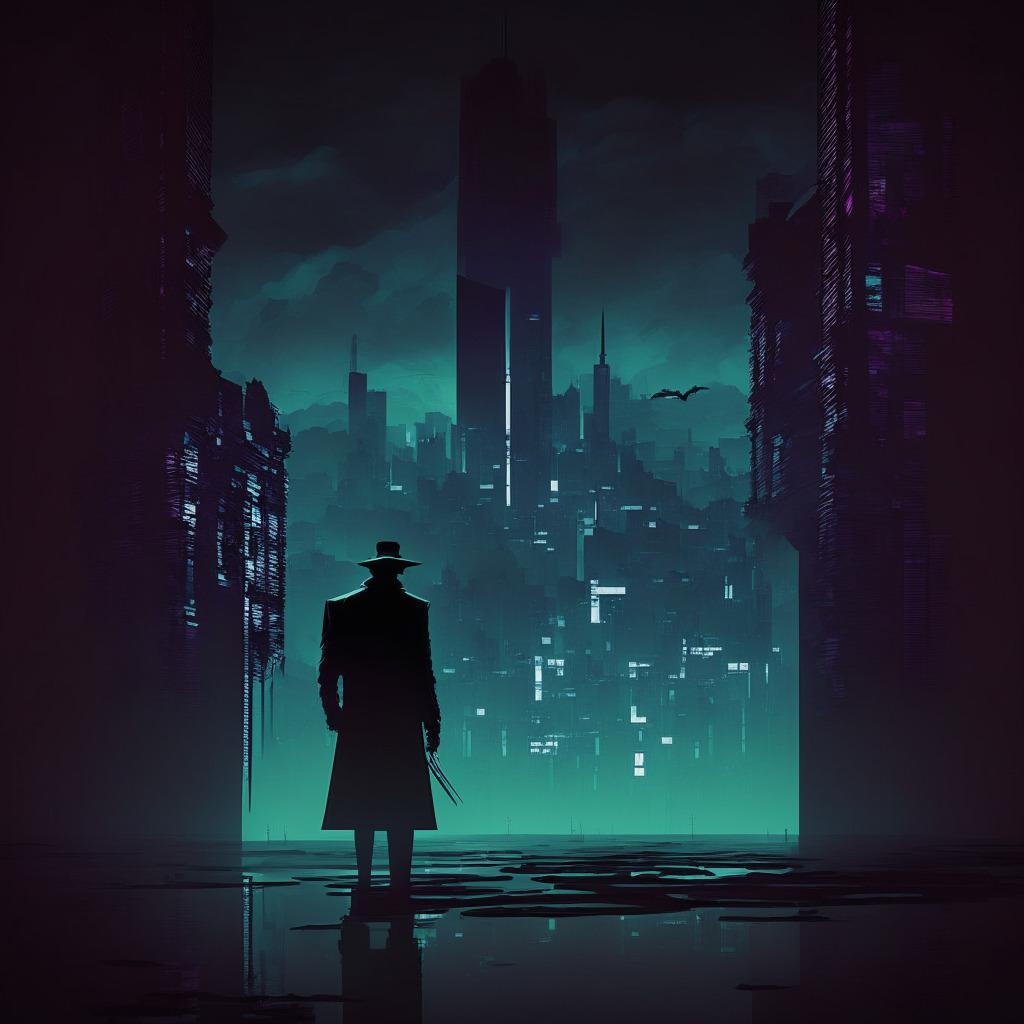 Neo-noir digital landscape enveloped in eerie twilight hues, Cyber-citizen lured by the radiating allure of blockchain gaming depicted as a towering play-to-earn prize model, Cybercriminal silhouettes lurking in shadows hinting risks and exploits, Subtle undertones hinting at regulations, Overall mood of intrigue, caution, and uncharted territory.