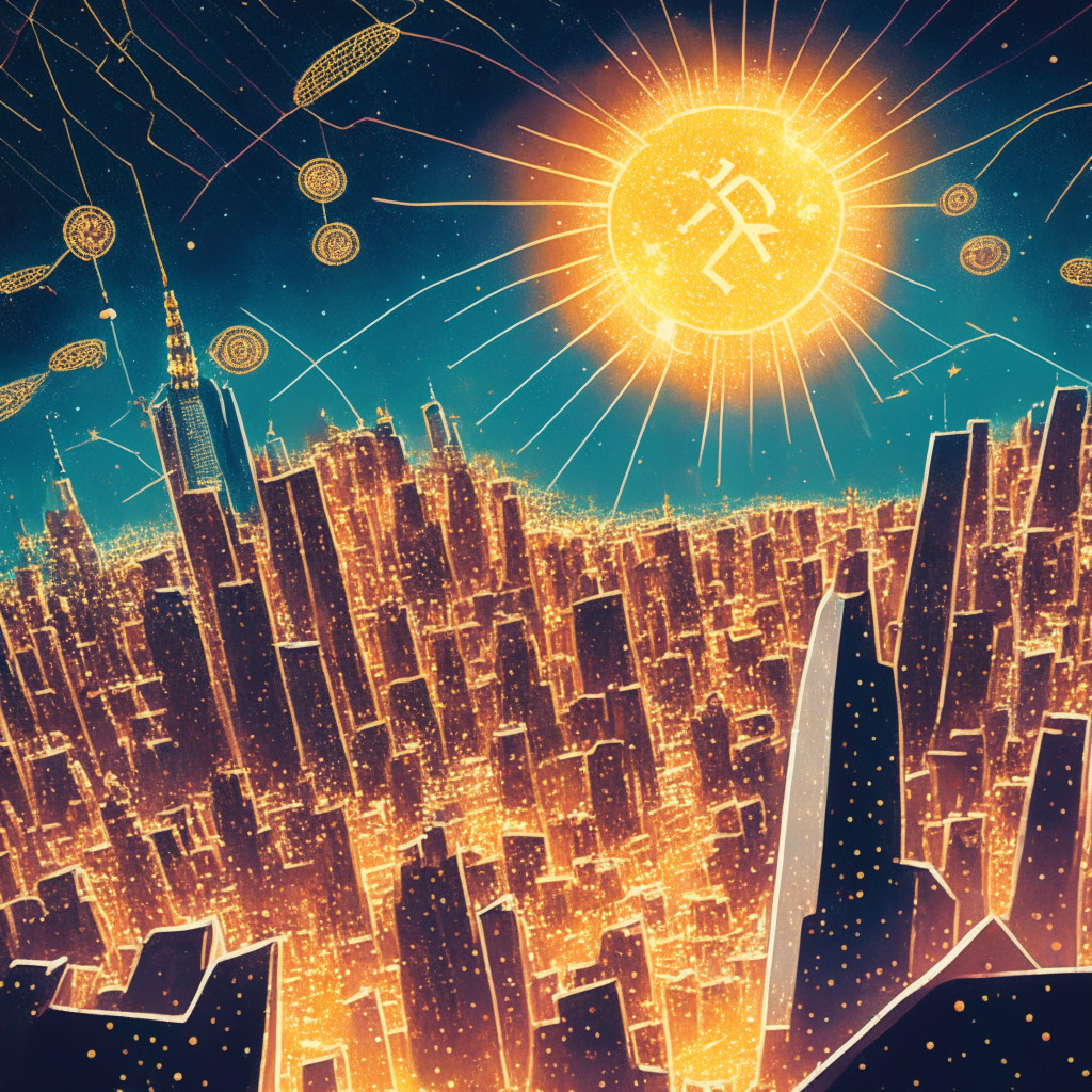An elevated, twinkling view of a crypto-market cityscape under a sky scattered with star-like Bitcoins, bathed in radiant hues of rising prosperity. Shiny delegations from global political and financial scenes, with subtle homage to Amsterdam's running crypto-conference. A celestial graph, showing the soaring path of Bitcoin above $27k, hints at an optimistic future. The mood is enthusiastic and profoundly future-oriented.
