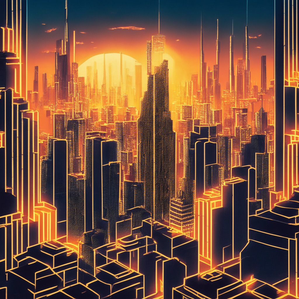 Dusk setting over a futuristic financial district, filled with towering 3D skyscrapers emitting soft neon light. At the forefront, a prominent Bitcoin token hovers, radiating a golden glow. In the background, a complex maze to illustrate regulatory narratives, painted in the style of Escher. Indistinct figures hinting at retail investors and institutions, are subtly embedded in the scene. The mood is a mixture of excitement and uncertainty.