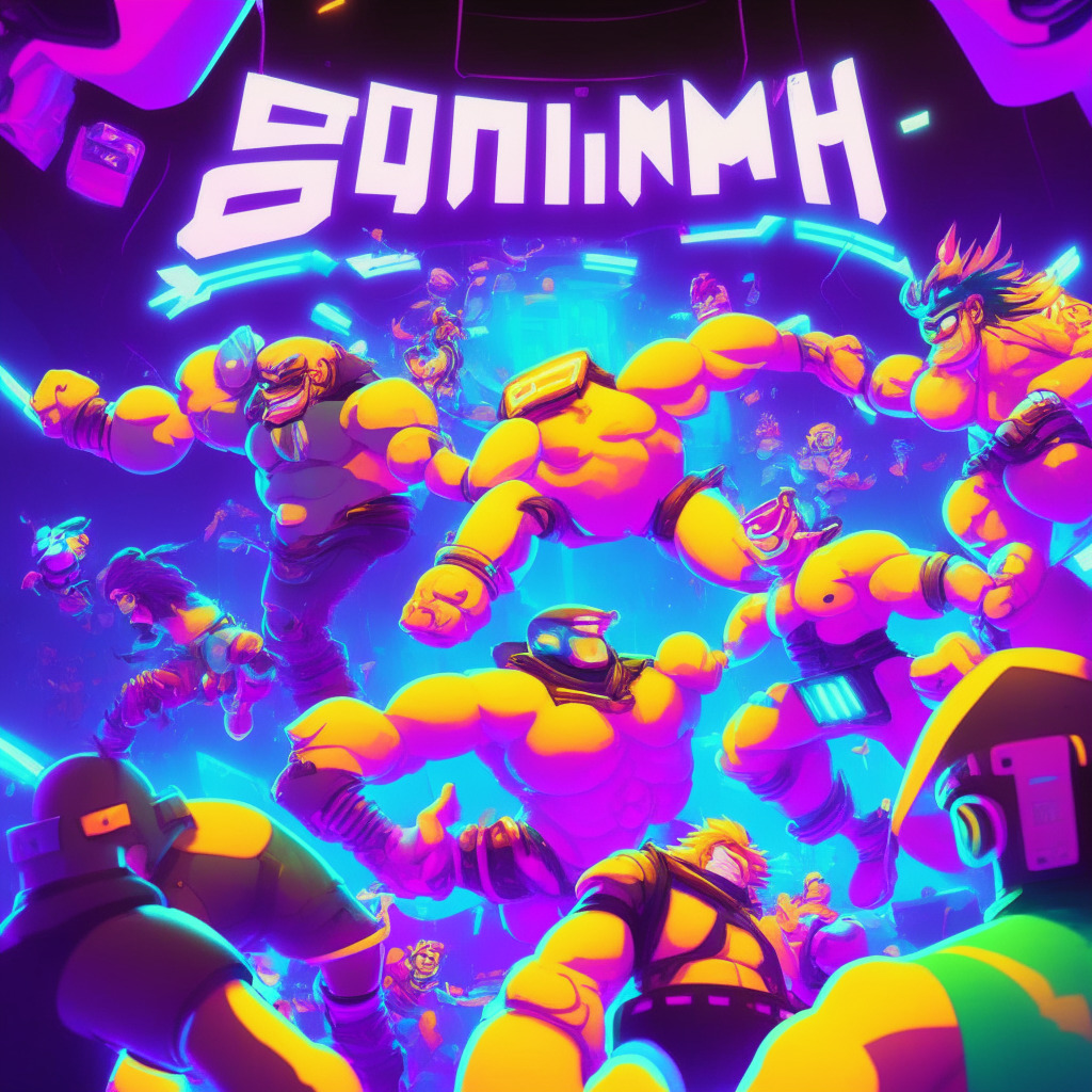 A futuristic, neon-lit digital arena, brimming with lively avatars engaging in fights reminiscent of the legendary EVO Street Fighter tournament. The atmosphere is intense, suspended in a pivotal, suspenseful moment, suggestive of the 'wow' factor in blockchain gaming. Sprinkled around are characters from iconic mobile games like Cut The Rope, cheerful and ready for an adventure in this metaverse tribute to gaming's past and future. Far off, a network of sleek hi-tech buildings symbolizing Layer-1 blockchain network, with individual lights glowing promisingly, hinting at the attractive incentives being offered for new game development. A sleek, holographic racetrack permeates the foreground with NFT cars zipping through, adding a dynamic quality to the scene. Mood: Enthralling. Style: Cyberpunk.