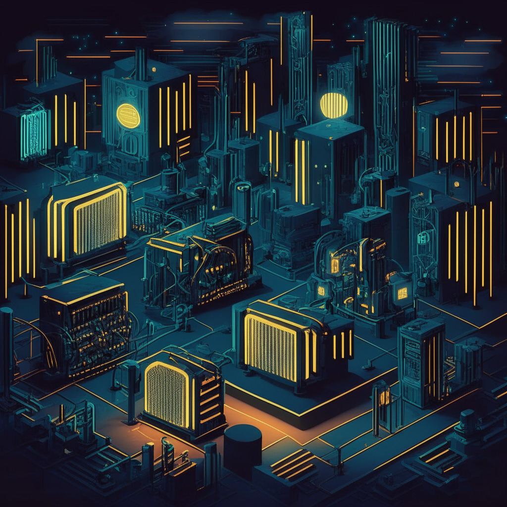 A nighttime scene representing the evolution and diversification in the crypto mining industry, depicting old GPUs transformed into high-performance computing machinery, powering AI development. Use an Art Deco style to emphasize the transition to new industries. The mood should be upbeat but mysterious, illumined primarily by the glow of artificial intelligence, symbolizing the newfound direction of blockchain technology.