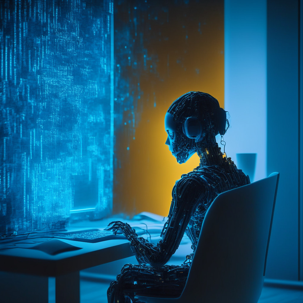 Futuristic scene showing a humanoid AI, in dimly lit study room, engrossed in programming at an abstract virtual computer interface, with a subdued blend of Amber & Blue light, symbolizing both warmed-up ambiance and futuristic cold. Mood is intense, contemplative, and immersive, demonstrating the immense possibilities of AI in code interpretation.