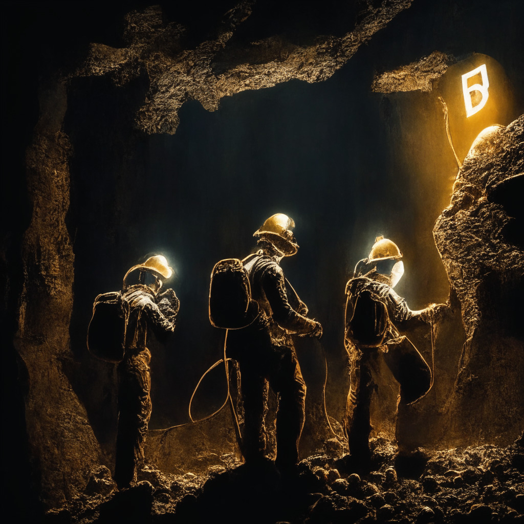 Dramatic, chiaroscuro-styled image of optimistic miners tirelessly working away, undeterred by a steep cliff mirroring a declining Bitcoin graph nearby, both illuminated under a dim light. Mood to capture resilience amid market adversity. Miner's helmets glowing ever-brighter to symbolize rising hash rate and ever-increasing difficulty. Background depicting currencies falling.