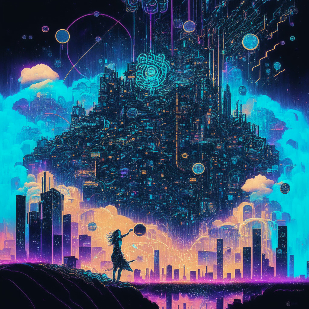 Dystopian cityscape bathed in neon lights, swirling streams of cascading data and intricate circuitry replicating in mid-air, embodying the rising Cardano network. Vibrant coins, symbolizing tokens, ascend among ethereal clouds symbolizing growth and activity. Foreground shows silhouette of an active user, working with intensity on a futuristic device. Mix of cyberpunk and van Gogh's Starry Night style, capturing intensity yet paradoxical tranquility.