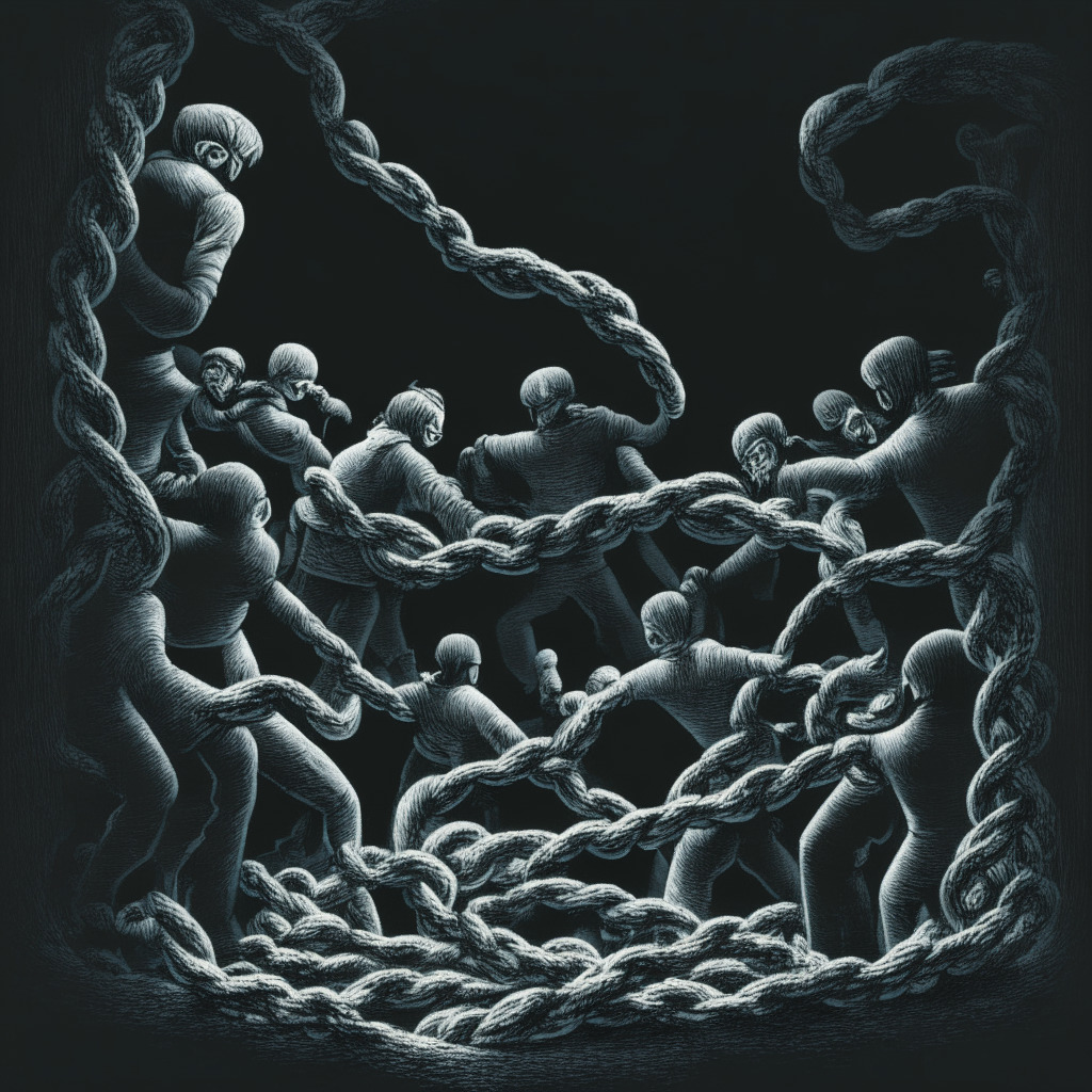 Moody chiaroscuro depiction of a tug-of-war symbolizing the escalating struggle between blockchain enthusiasts and impersonator scammers. The blockchain community, optimistic yet vigilant, stands at one end of the rope while ghostly figures with sinister expressions pull from the shadows, representing invisible and devious scammers. The middle rope is subtly transformed into a flowing stream of digits and symbols, embodying the digital nature of cryptocurrency and NFTs. The ominous atmosphere reminds the viewer of the risk involved in the dynamic world of cryptocurrency.