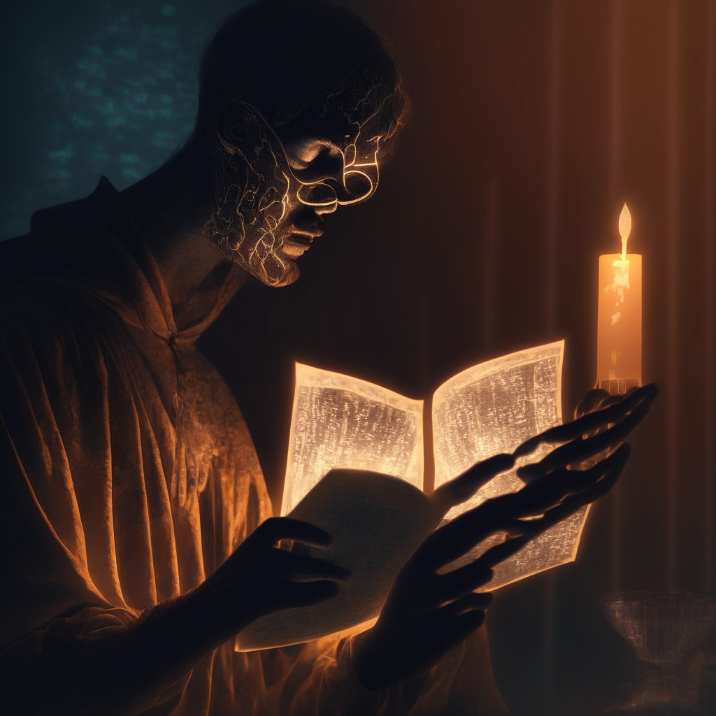 A detailed AI rendering of a person reading a complex financial report by candlelight, anxiety palpable in their expression. In one hand, a slightly translucent, intangible digital coin symbolizing cryptocurrency volatility. Background: shadows dancing, reflecting market unrest.},
