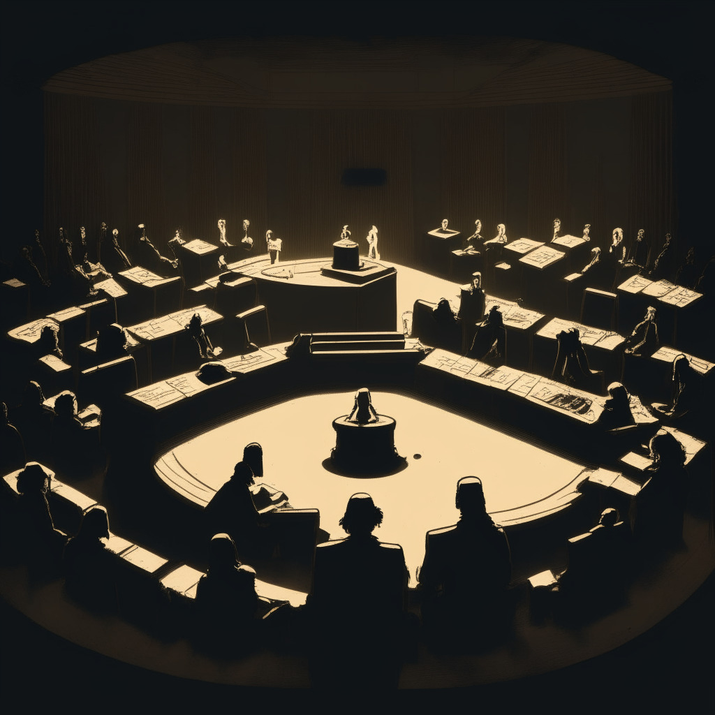 A somber courtroom, filled with numerous faceless figures representing the unsecured creditors, one holding up an intricate scale representing balance, weighing two choices: an unopened plan symbolizing FTX's proposal and a glowing coin labeled 'recovery token', their proposal. The setting is dimly lit, emphasizing the tension and disagreement within the room. The backdrop portrays a crypto exchange landscape blending with traditional legal silhouettes to illustrate the fusion of new tech and old rules. The artistic style leans towards the surreal, invoking a sense of lingering uncertainty and pressing urgency.