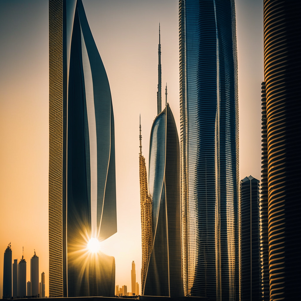 A contemporary skyscraper in the Dubai skyline showcasing financial resilience, the setting sun casting long shadows on bustling buildings, hinting uncertainty. The architecture of the building visualizes a digital cryptocurrency exchange. The hue is subdued, an amalgamation of corporate grit and an imposing impending resolution. The overall mood is tense yet hopeful, simulating a sense of the court's impending decision.