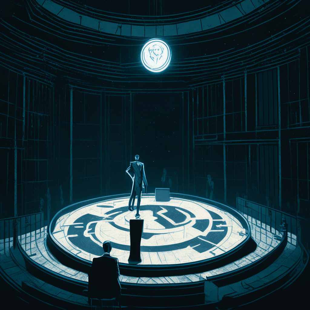 A late-night scene inside a cryptic, marbled courtroom bathed in the dim allure of moonlight. A single figure, embodying the persona of a beleaguered cryptocurrency exchange executive, stands isolated, symbolizing the intertwined predicaments of regulation and decentralization. The figure is caught in a metaphoric tightrope walk, poised in a vortex of swirling legal documents details suggesting both chaos and meticulous adherence to rules. The mood is heavy, tense, hinting at the pending court case. In the periphery, abstract representations of digital currency, blockchain symbols gesture toward the world of crypto and its dichotomy of stringent rules or unrestrained freedom.