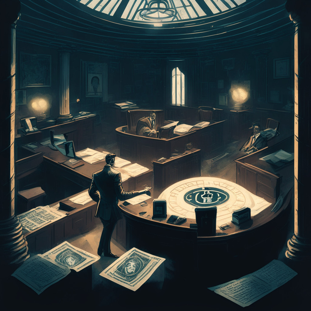 A dimly lit court room, gavel poised in mid-air, tangled labyrinth of cryptocurrency symbols and legal papers in the backdrop, setting a tense and looming atmosphere. Painting-like scene with Renaissance style, showcasing a man in business attire confidently defying accusations, and on the other side, stern law enforcement agents investigating a maze of evidence.