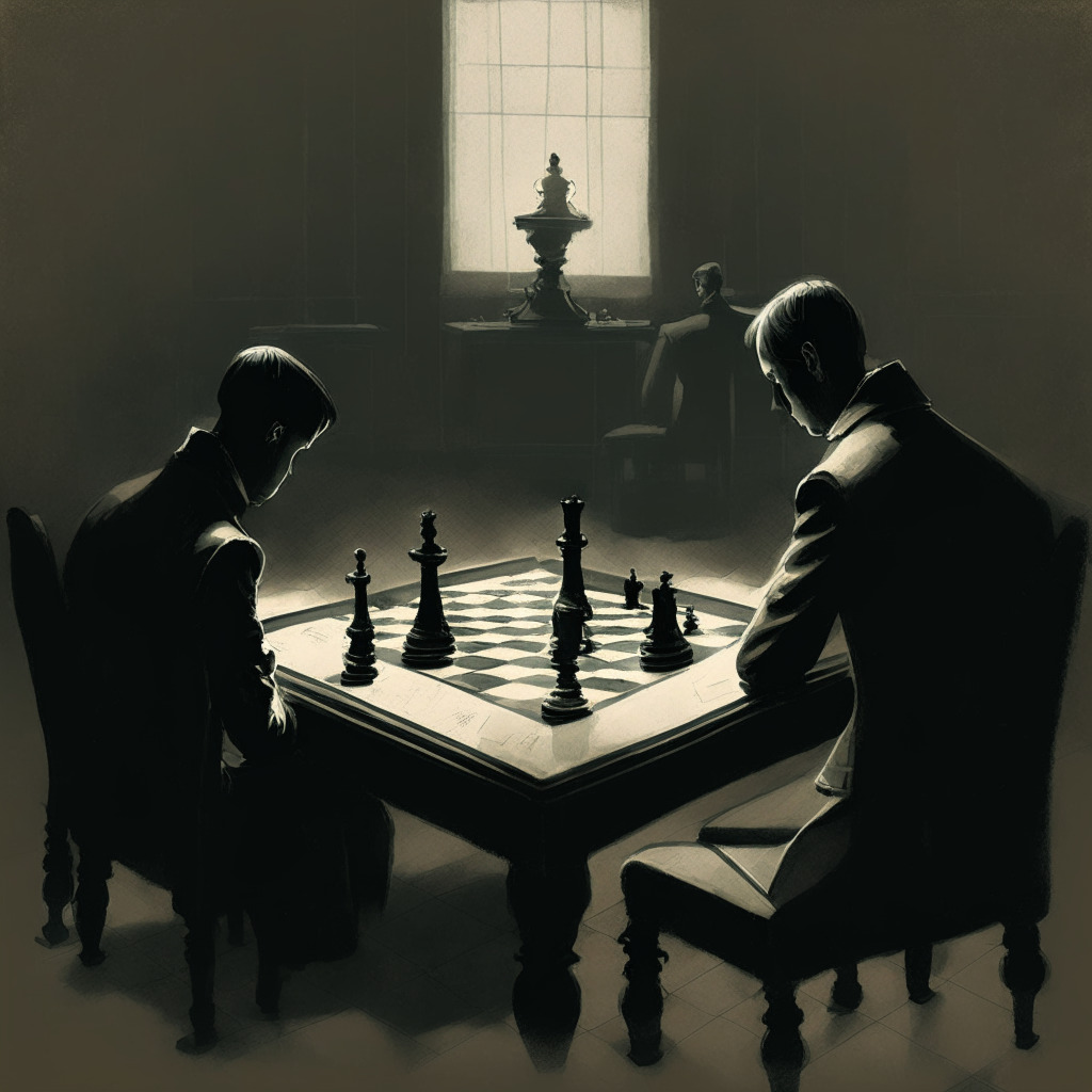 Suspenseful scene of two figurative chess players in a dimly lit courtroom, intense attention drawn towards a vintage diary lying in the middle of the chessboard. Neoclassical style with muted tones, evoking a mood of anticipation, secrecy and tension. Figures represent rival forces in online currency world, revealing the game's intricate, shadowy detours.