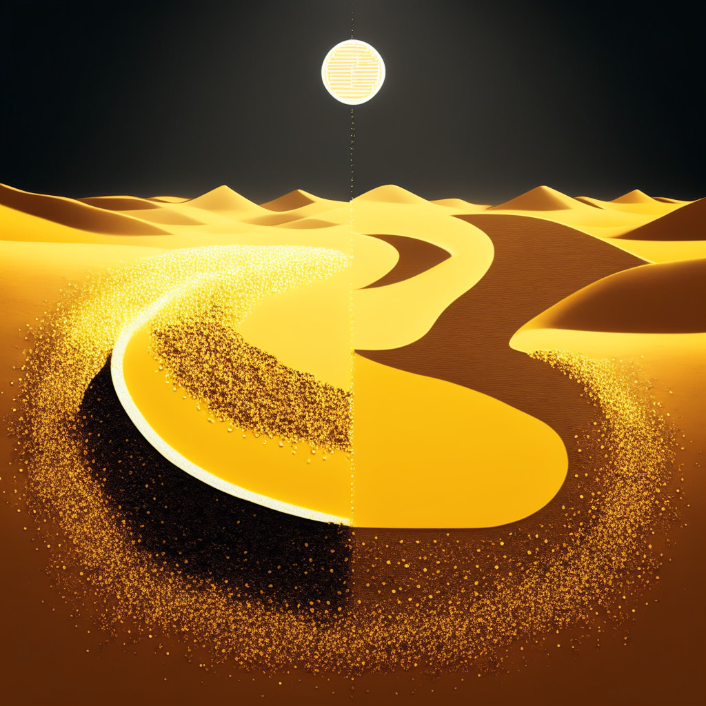 Imagery of a symbolic sand line on a social media platform icon representing Meta, splitting into two, displaying a contrast of blockchain innovation and crypto scams in a modern Surrealist style. Use warm, golden lights for crypto innovation, while shadowy illumination for scams, depicting the ongoing quandaries with a somber mood.